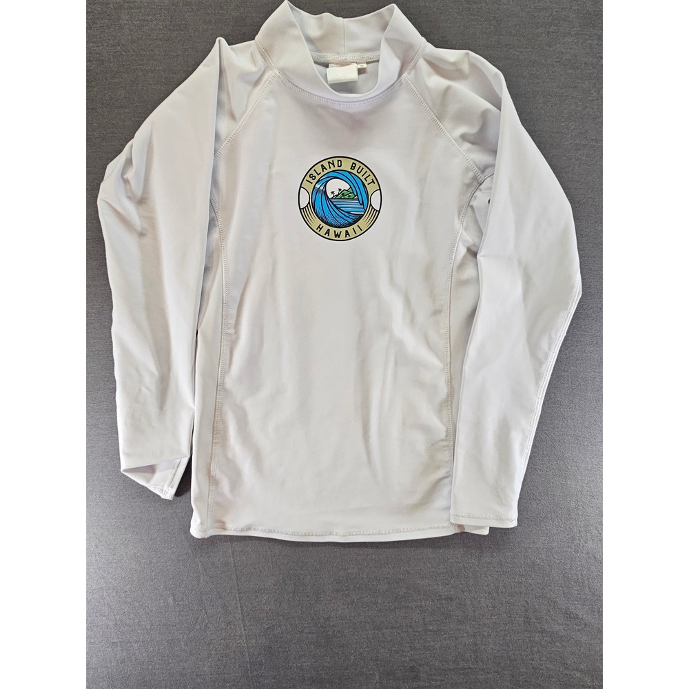 Island Built Hawaii White Long Sleeve Rash Guard Swim Shirt Size 8 Graphic Wave